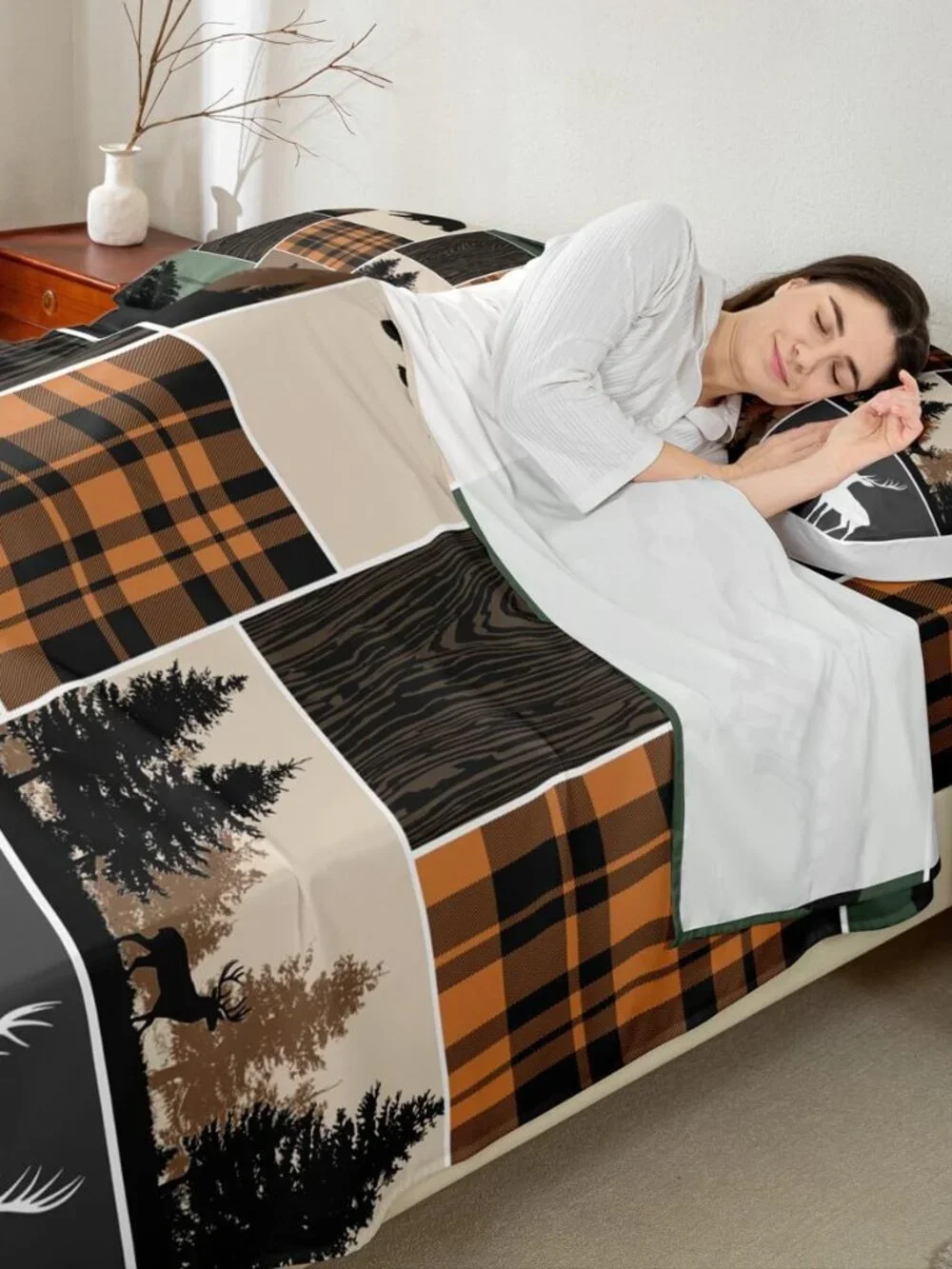 Rustic Cabin Fitted Sheet Twin Size, Hunting Bear Deer Bed Sheets For Kids Teens